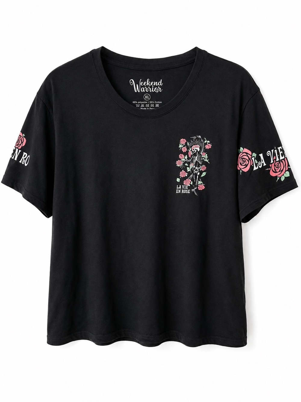 Black Short-Sleeve Tee with Pink Rose Graphic
